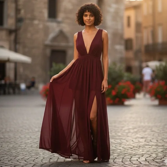 Windsor Burgundy Chiffon Maxi Dress Deep V Slit Formal Gown Size Medium NWT - Picture 1 of 15